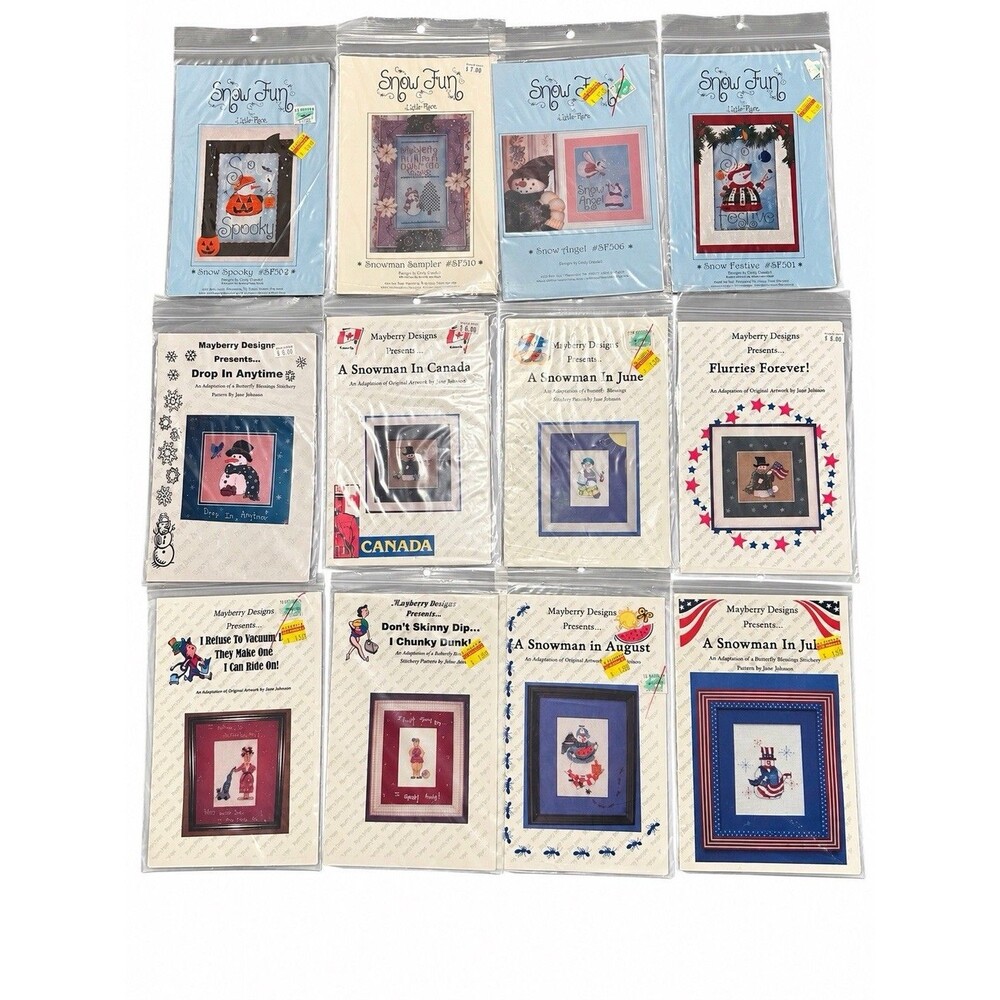 Lot 12 Snowman Cross Stitch Patterns Christmas Halloween Patriotic Seasonal